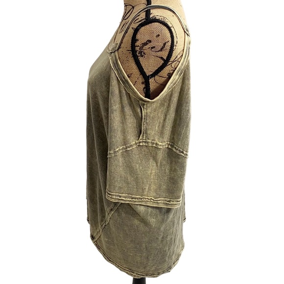 Free People We The Free Army Green Distressed Alex Split Shoulder Tee, Size Med. - Picture 5 of 14